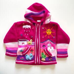 Girls Peruvian Knit Hooded Cardigan Sweater 2T Whimsical Embroidered Animals